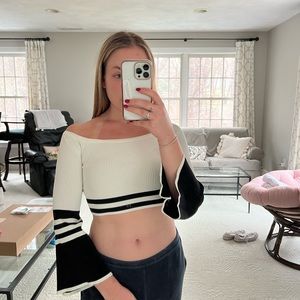 lf off the shoulder black and white bell bottom crop top